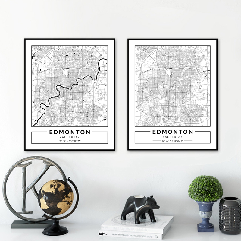 Home Decor Canada - Карта эдмонтона Альберта, черный, белый холст,